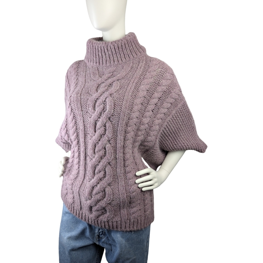 Italian Made Alpaca Blend Cable Knit Batwing Turtleneck, Size Medium